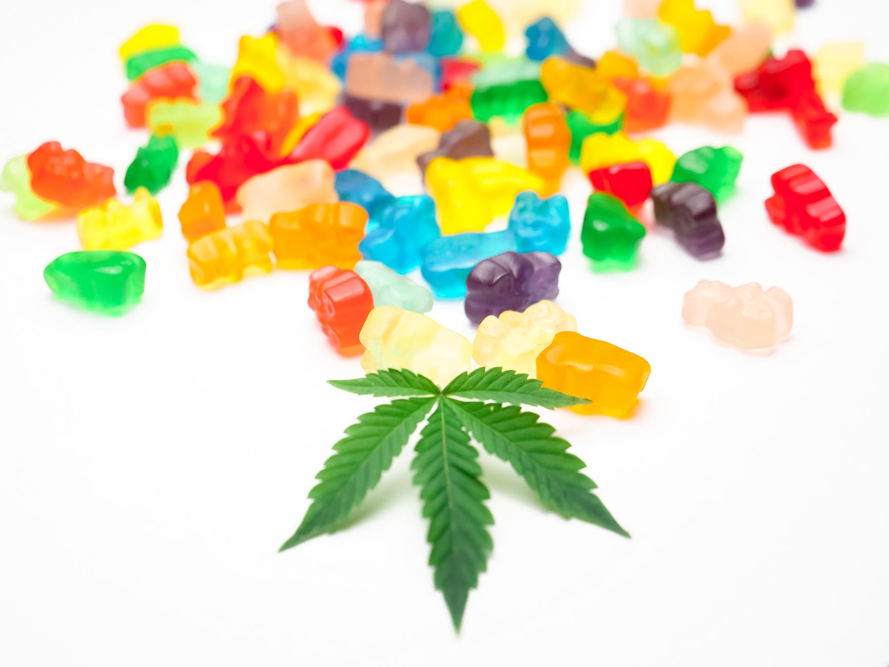 photo assorted colored gummy bears on white background